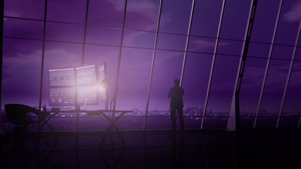 A silhouette of a trader standing opposite a panoramic window in a dark office with multiple computer screens.