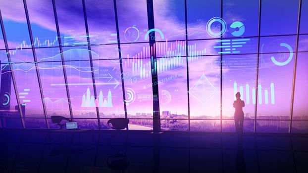 A silhouette of a business woman standing in her office and looking at the infographic data appearing in front of her in virtual reality.