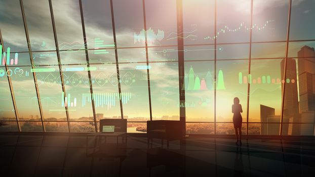 Silhouette of a business woman and virtual infographics on the background of a large window with a view of the city landscape.