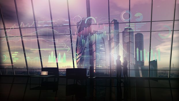 Silhouettes of business people shaking hands against the background of an office window overlooking skyscrapers and virtual infographic data.
