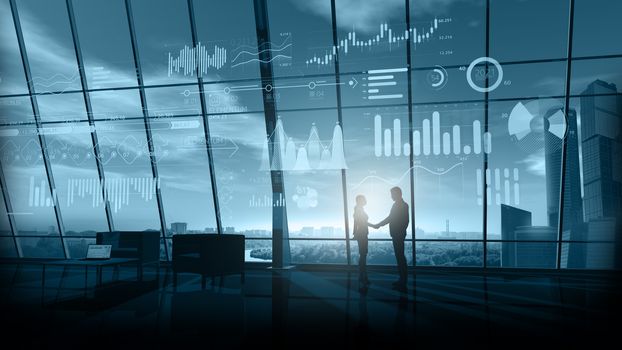 Silhouettes of business people in a handshake and virtual infographics against the background of a large window overlooking the cityscape with skyscrapers.