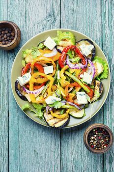 Grilled pepper, eggplant and zucchini salad.Vegetable grilled salad.Fried vegetables