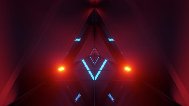 glowing triangle space ship temple tunnel corridor in futuristic sci-fi style with reflective glass bottom 3d illustration background wallpaper, future religion in space building 3d rendering graphic artwork design