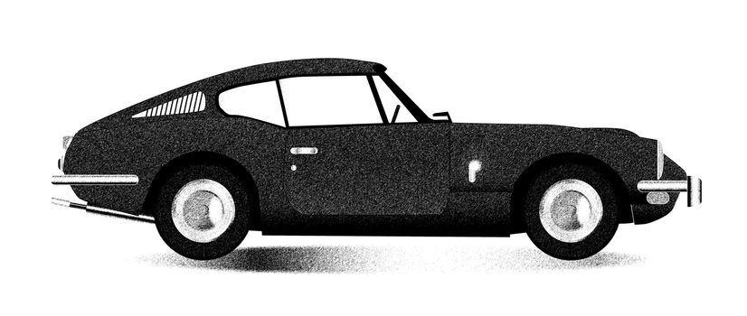 A classic old British hard top sports car sketch over a white background