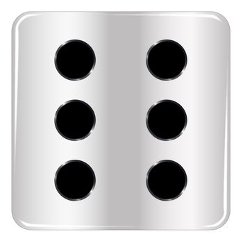 The face of a dice with six black spots over a white background