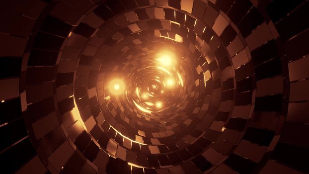 abstract round tunnel with brick pattern texture and glowing spheres 3d illustration background wallpaper, round metal pipe with abstrct design 3d rendering graphic artwork