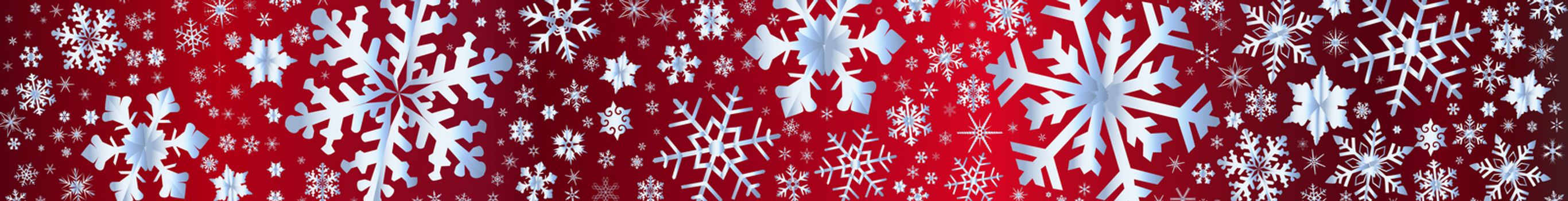 A banner of cold christmas snowflakes on a Christmas red background.