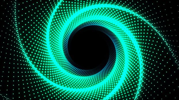 3d Illustration, Green dots lined up in lines It was put together until it was a pantagon pipe and it is twisted until it the same circle.