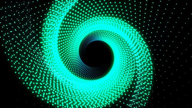 3d Illustration, Green dots lined up in lines It was put together until it was a triangle pipe and it is twisted until it the same circle.