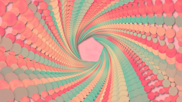 3d Illustration, Big Pastel Colors dots lined up in lines It was put together until it was a Pentagon pipe and it is twisted
