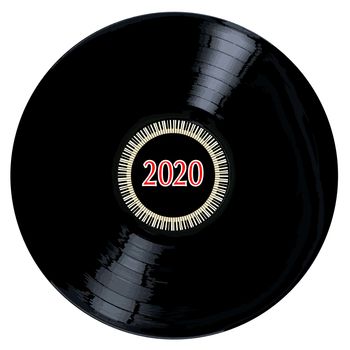 A typical LP vinyl record with the legend 2020 and a circle of piano keys all over a white background.