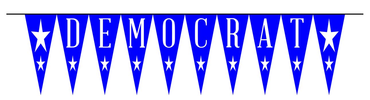 The text Democrat as a line of blue bunting on a white background