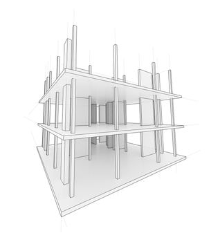 Drawing or sketch of a house under construction. Construction site. Main line, back contour and auxiliary lines. 3D illustration