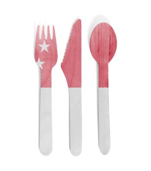 Eco friendly wooden cutlery - Plastic free concept - Isolated - Flag of Singapore