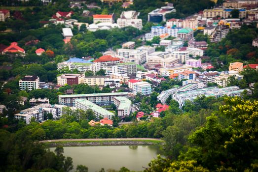 Tilt and shift miniature effect of buildings in Chiang Mai, Thailand