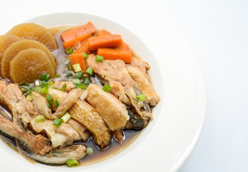 Salmon in soy source with vegetables, fish maw soup