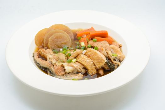 Salmon in soy source with vegetables, fish maw soup