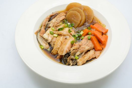 Salmon in soy source with vegetables, fish maw soup