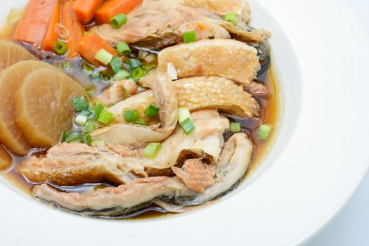 Salmon in soy source with vegetables, fish maw soup