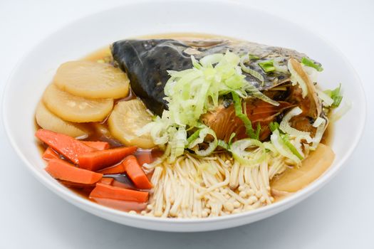 Soup Salmon in soy source with vegetables, Japanese foods