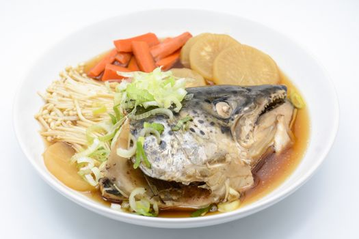 Soup Salmon in soy source with vegetables, Japanese foods