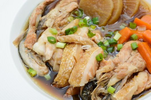 Salmon in soy source with vegetables, fish maw soup
