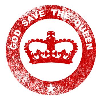 Grunge version of a God Save the Queen rubber stamp over white