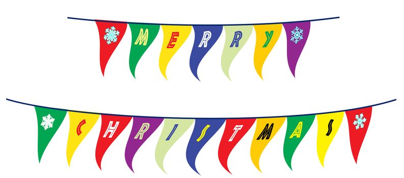 The text Merry Christmas as a line of fluttering bunting on a white background