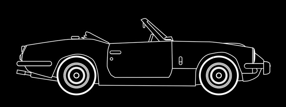 A classic old British sports car in white outline over a black background