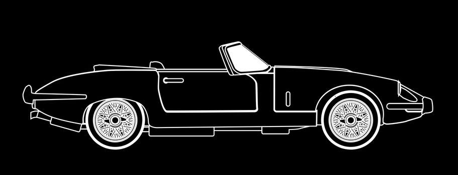 A typical sleak British style open top sports car in white outline over black