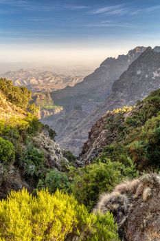 View of beautiful Semien or Simien Mountains National Park landscape in Northern Ethiopia. Africa wilderness, Sunny day and blue sky