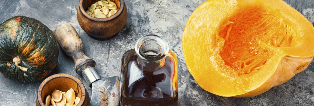 Pumpkin and healthy pumpkin seed oil.Autumn food