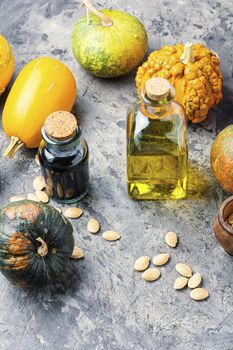 Pumpkin and healthy pumpkin seed oil.Autumn food