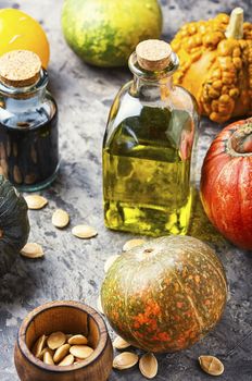 Pumpkin and healthy pumpkin seed oil.Autumn food