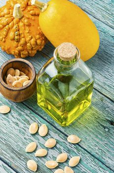 Pumpkin and healthy pumpkin seed oil.Autumn food