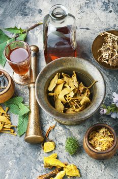 Healing herbs with mortar and bottle of elixir.Alternative or herbal medicine