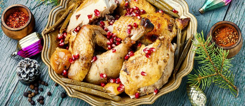 Roast chicken or turkey stuffed with apples for Christmas.Christmas food