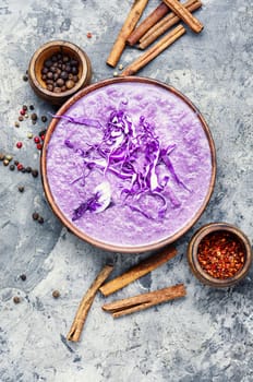 Red cabbage soup.Vegetable soup with spice.Autumn cuisine.