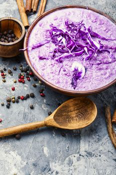 Red cabbage soup.Vegetable soup with spice.Autumn cuisine.