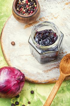 Homemade red onion jam.Onion confiture in jar