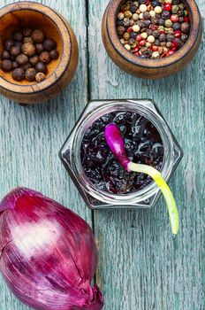 Homemade red onion jam and ingredient.Onion confiture.Flat lay.Food