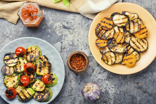 Delicious grilled vegetable.Picnic,summer food.Closeup.Background of grilled vegetables