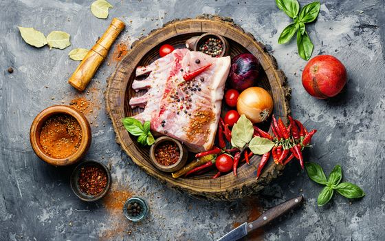 Ribs and pork chops uncooked.Fresh,raw meat and spices