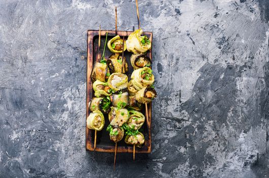 Eggplant and zucchini stuffed with meat on skewers.Flat lay with copy space