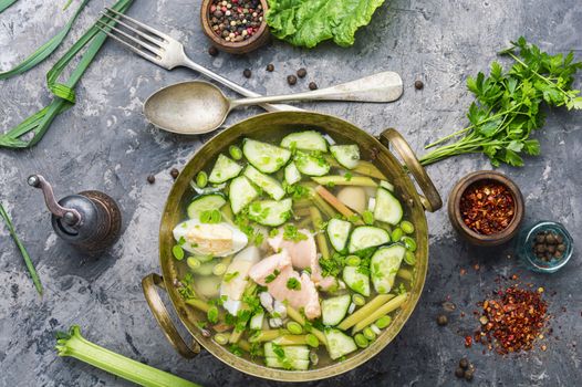 Cold soup with rhubarb and fish.Summer cold soup.