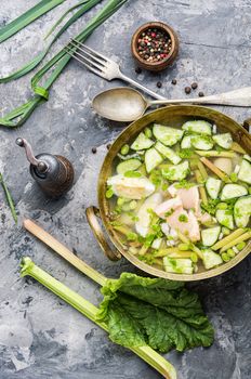 Cold soup with rhubarb and fish.Summer cold soup.