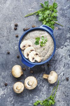Delicious soup puree with champignons and fresh mushrooms on rustic table