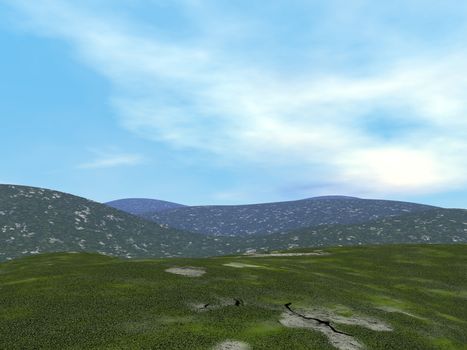 Green hills by beautiful cloudy day - 3D render