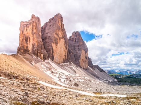 Tre Cime di Lavaredo, aka Drei Zinnen, rock formation in Dolomites, Italy.