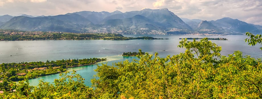 Panoramic aerial view from the Manerba Rock on Lake Garda, Italy